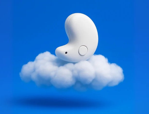 White bean-shaped object on a fluffy cloud against a blue background.
