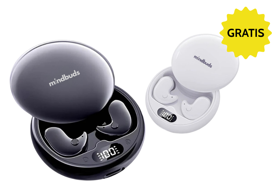 Two mindbuds earbud cases, one black and one white, with a yellow 'GRATIS' label.