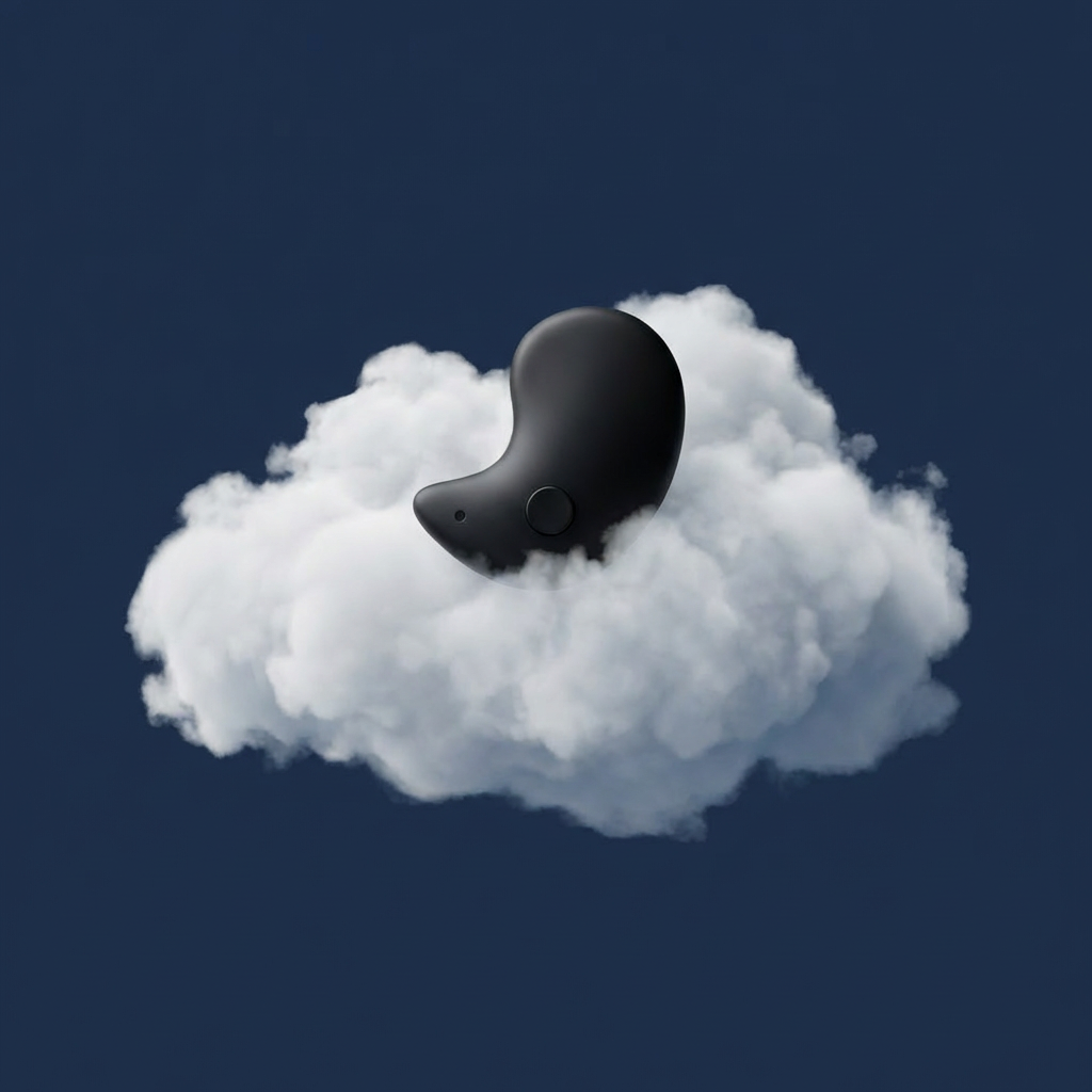 A small black bean-shaped earbud rests on a fluffy white cloud against a dark blue background.
