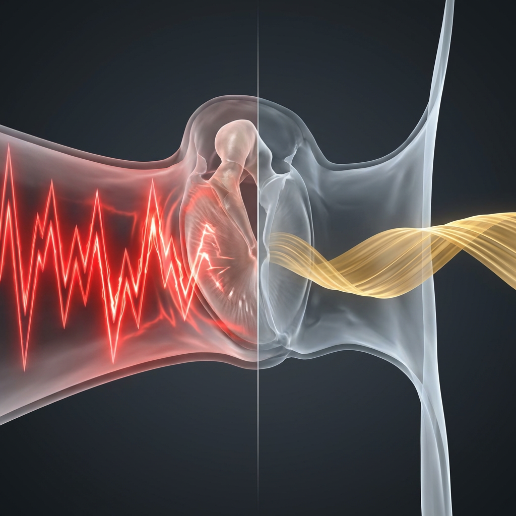 A medical illustration comparing an erratic red heartbeat waveform to a smooth, regular yellow waveform within a heart.