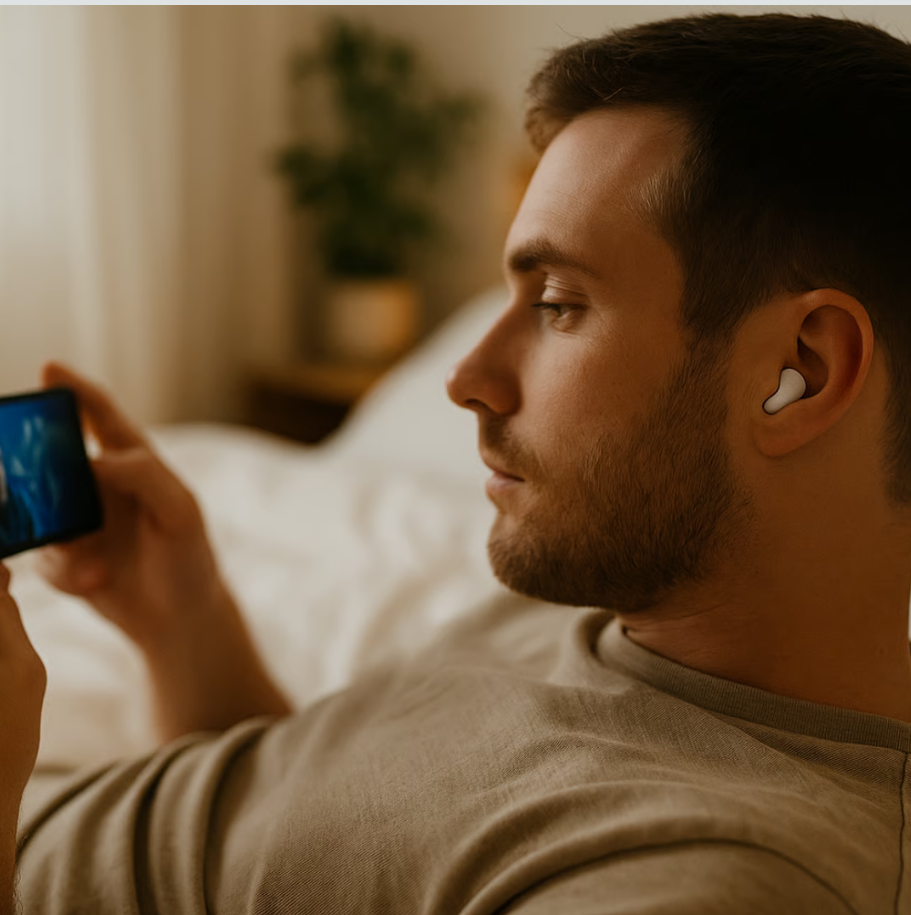 Man with earbuds watching a smartphone in a cozy room.