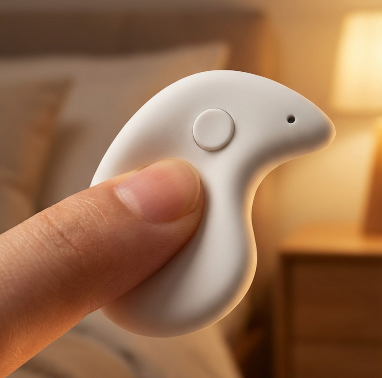 A person's thumb holds a small, white, bird-shaped device with a single button in a bedroom.