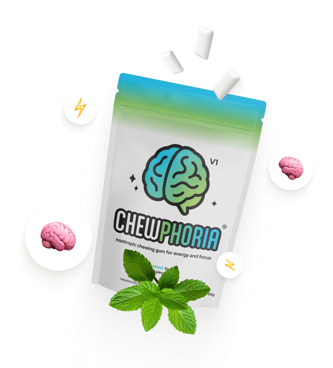 Chewphoria chewing gum package with mint leaves and brain symbols.