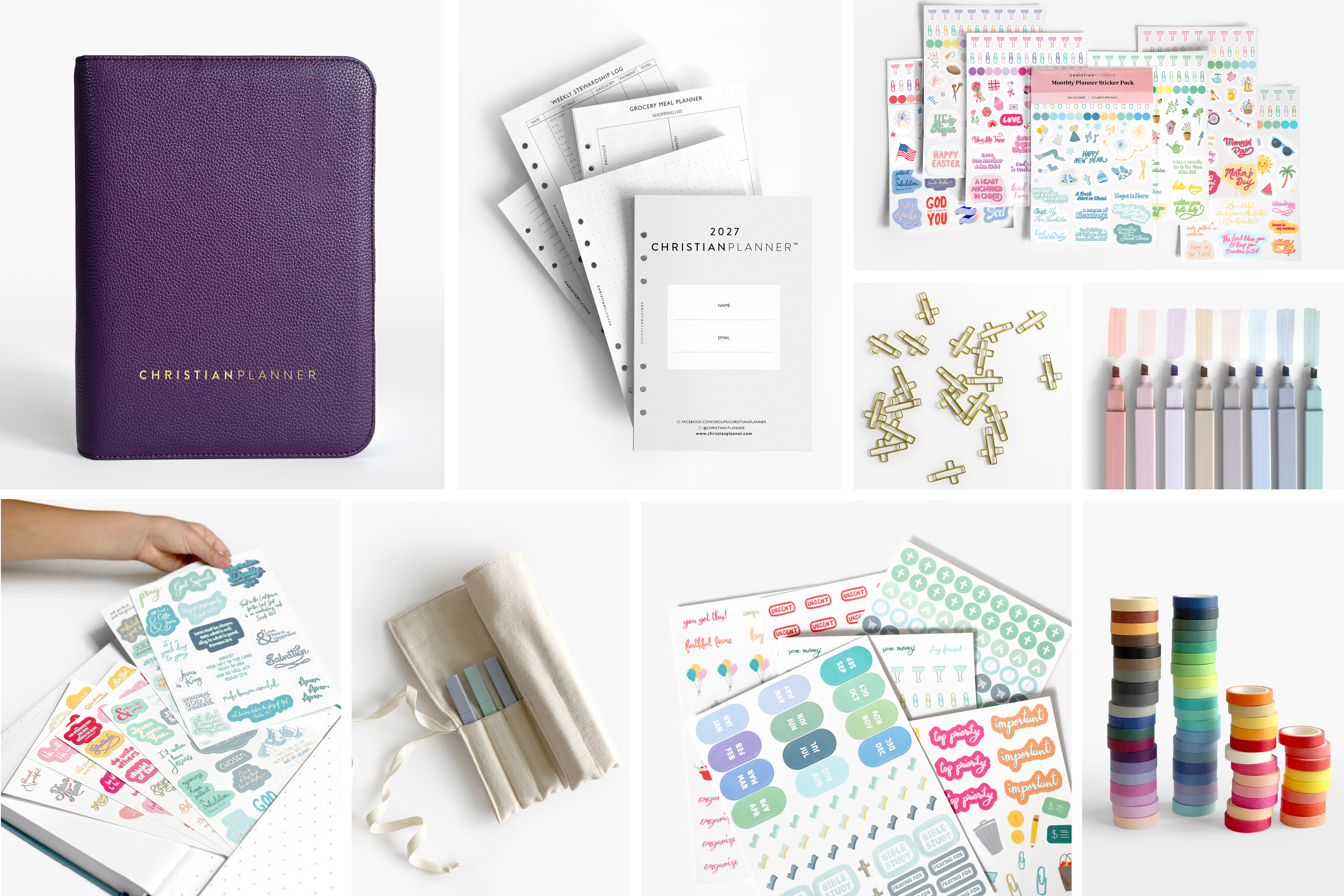 A purple 2027 Christian Planner is displayed with multiple sheets of colorful, themed stickers.