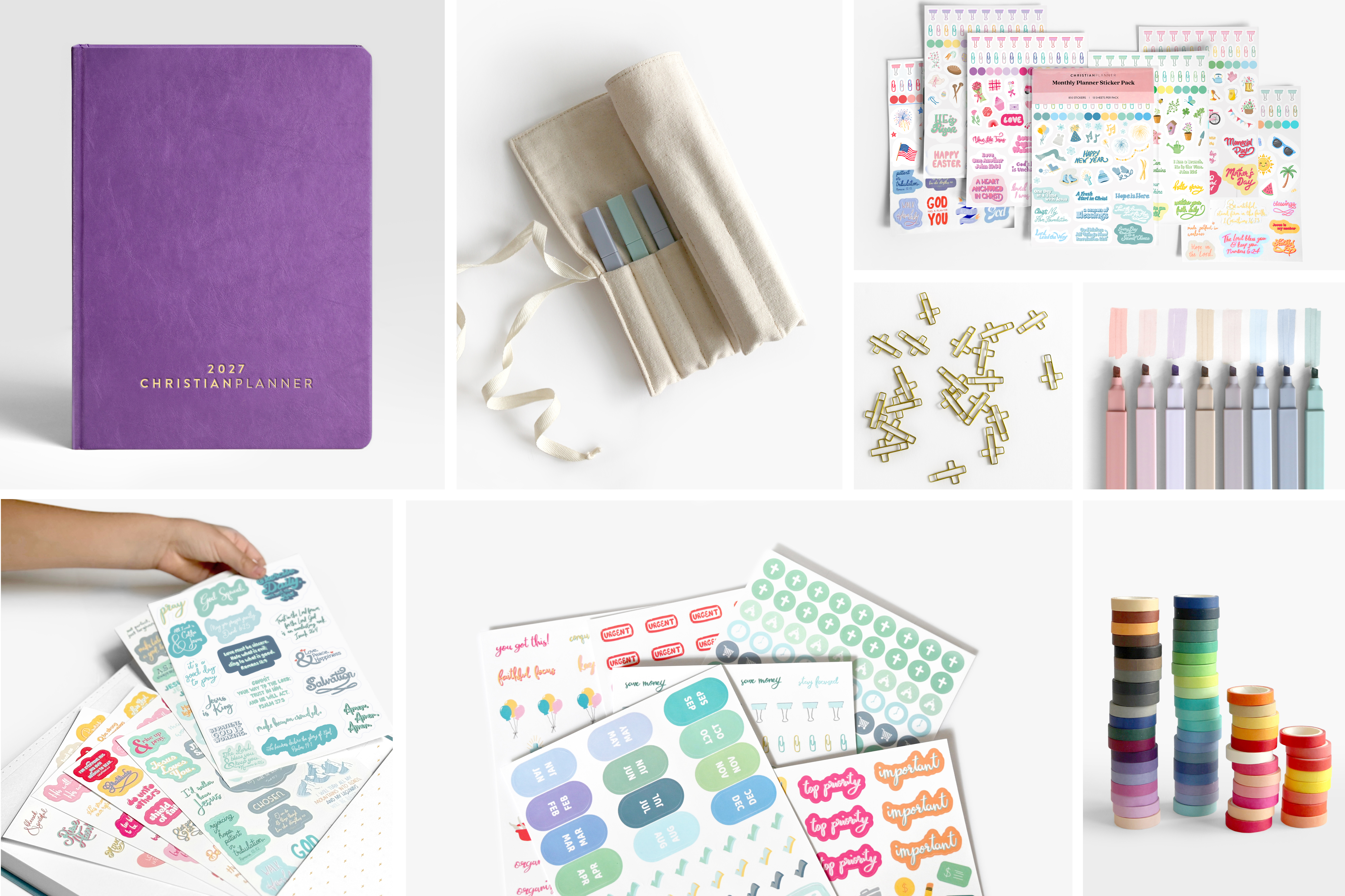 A collage of planner supplies including a purple planner, stickers, pens, cross-shaped clips, and colorful washi tape.