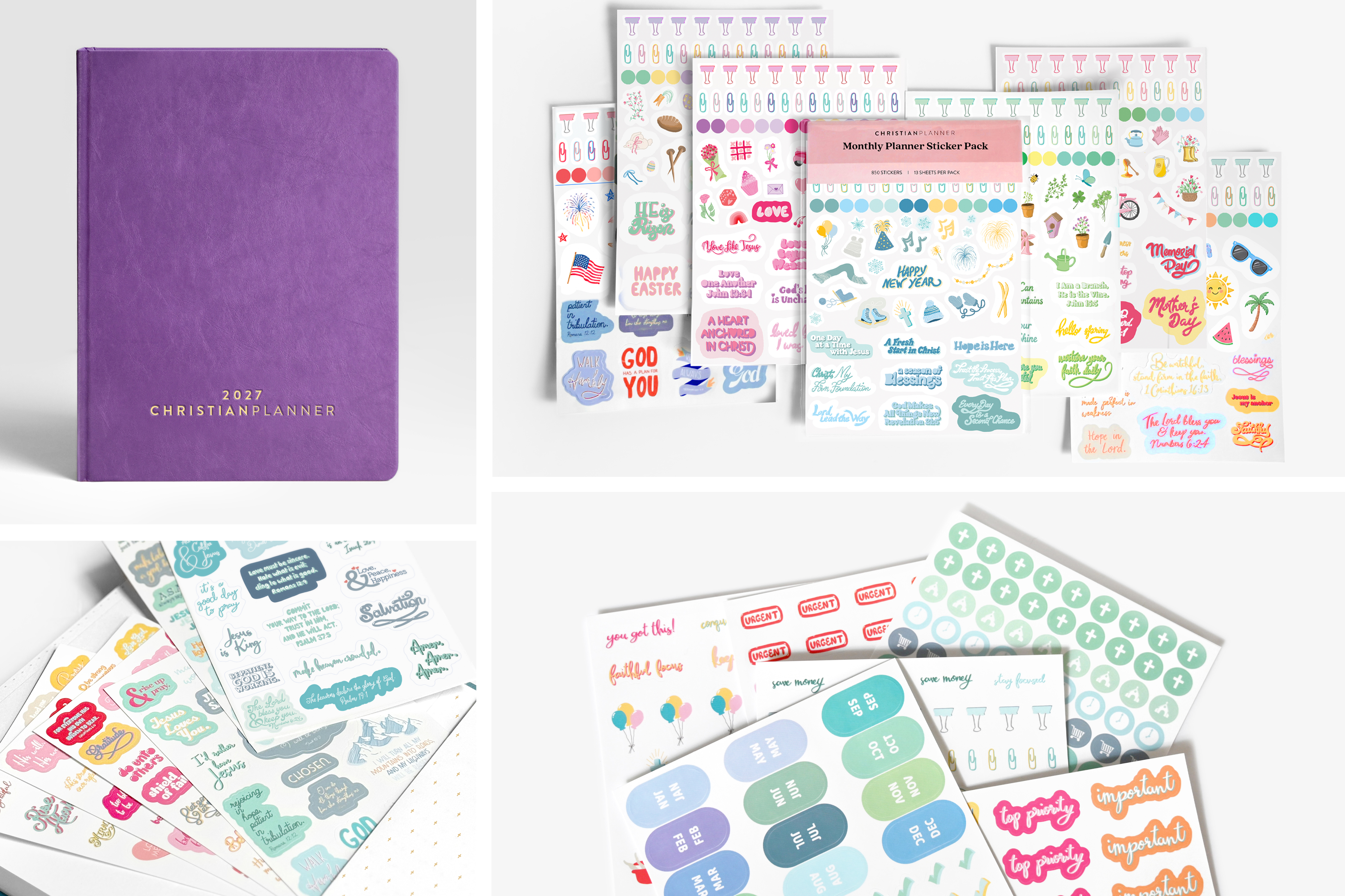 A purple 2027 Christian Planner is displayed with multiple sheets of colorful, themed stickers.