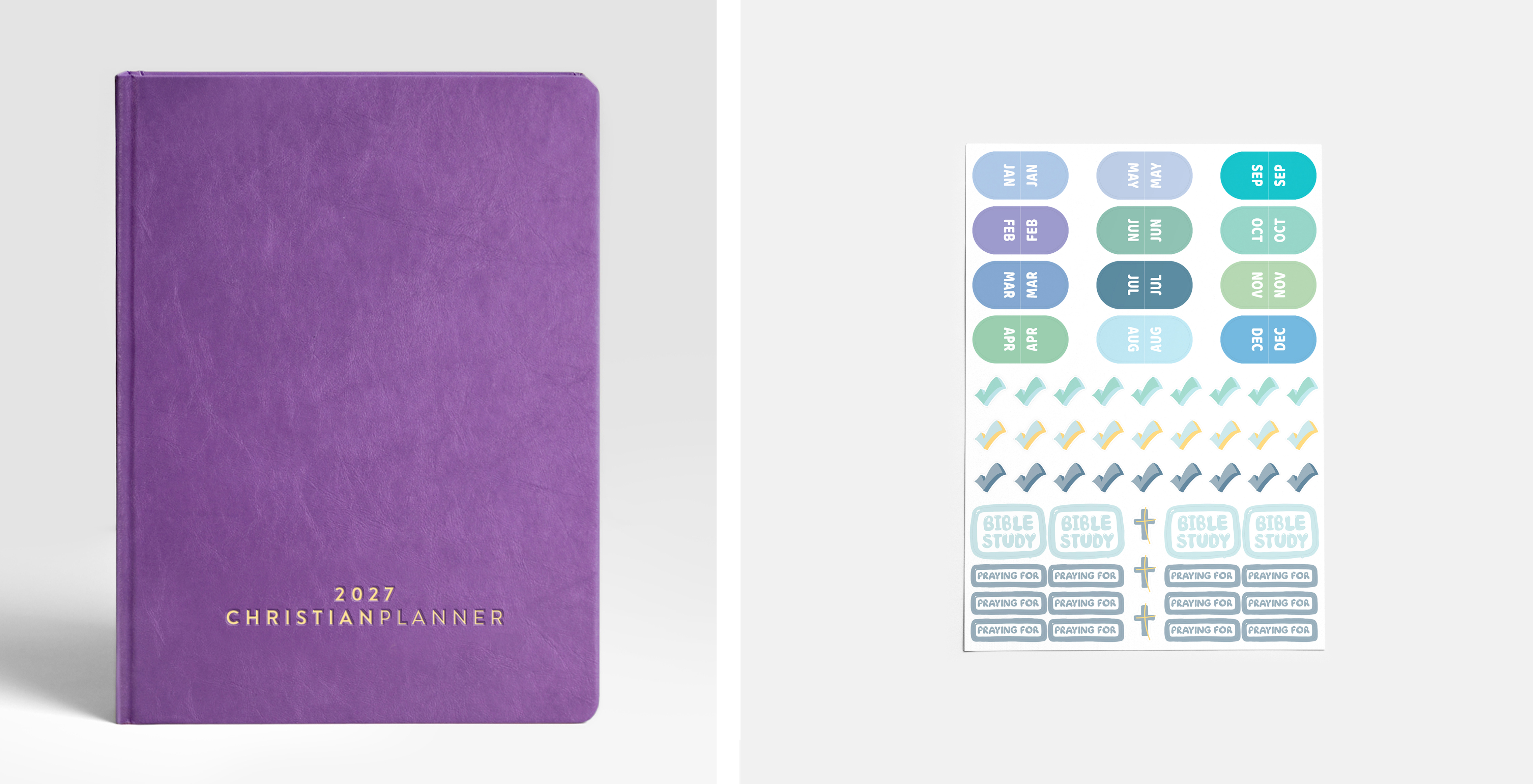 A purple 2027 Christian Planner is shown next to a sheet of coordinating stickers.