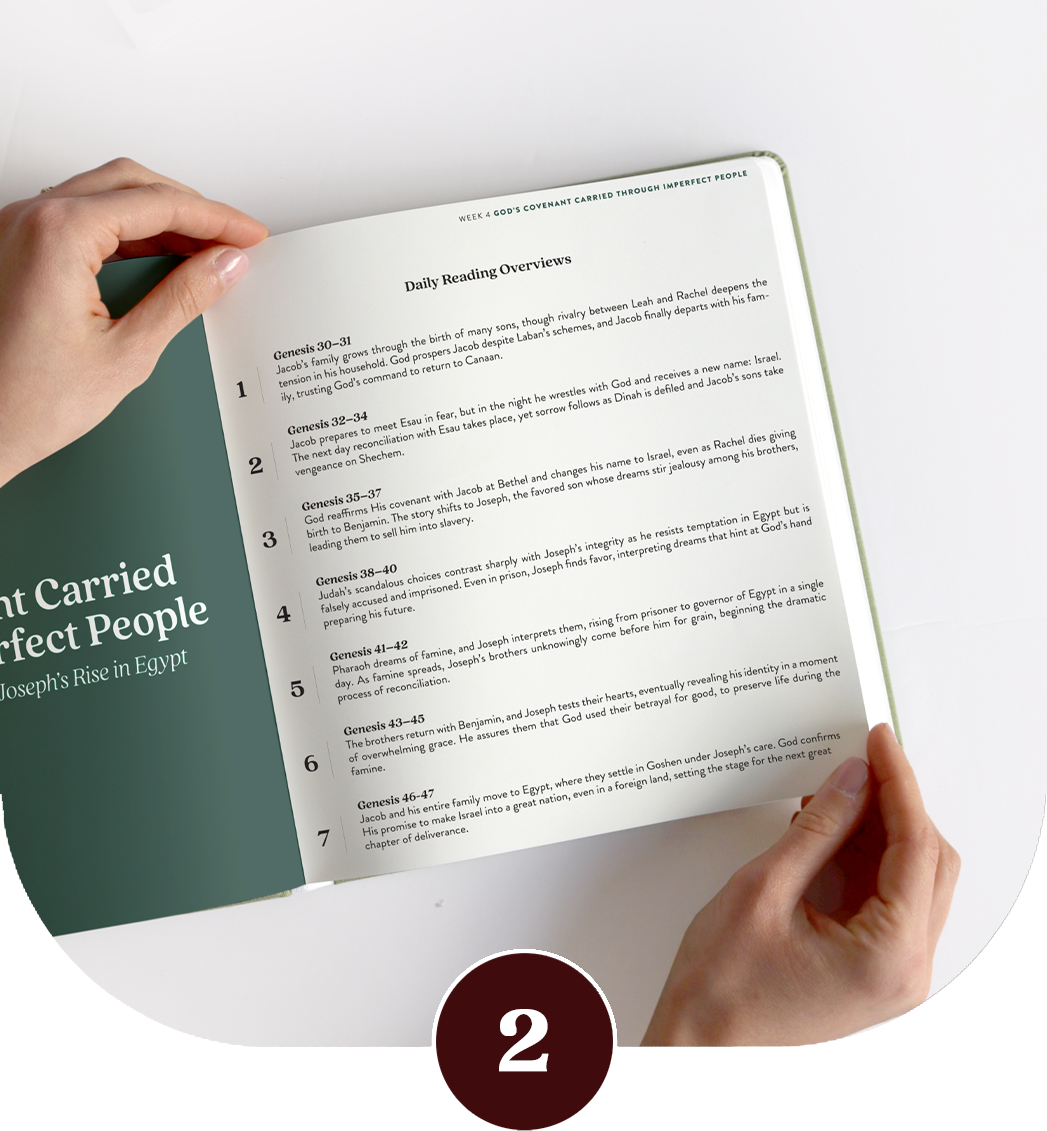 Hands holding an open book with text and numbered sections.