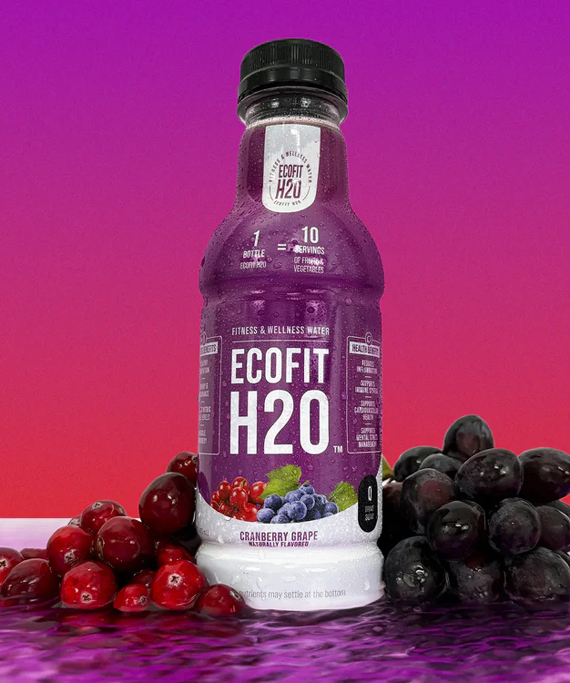 Bottle of Ecofit H2O cranberry grape water with cranberries and grapes.