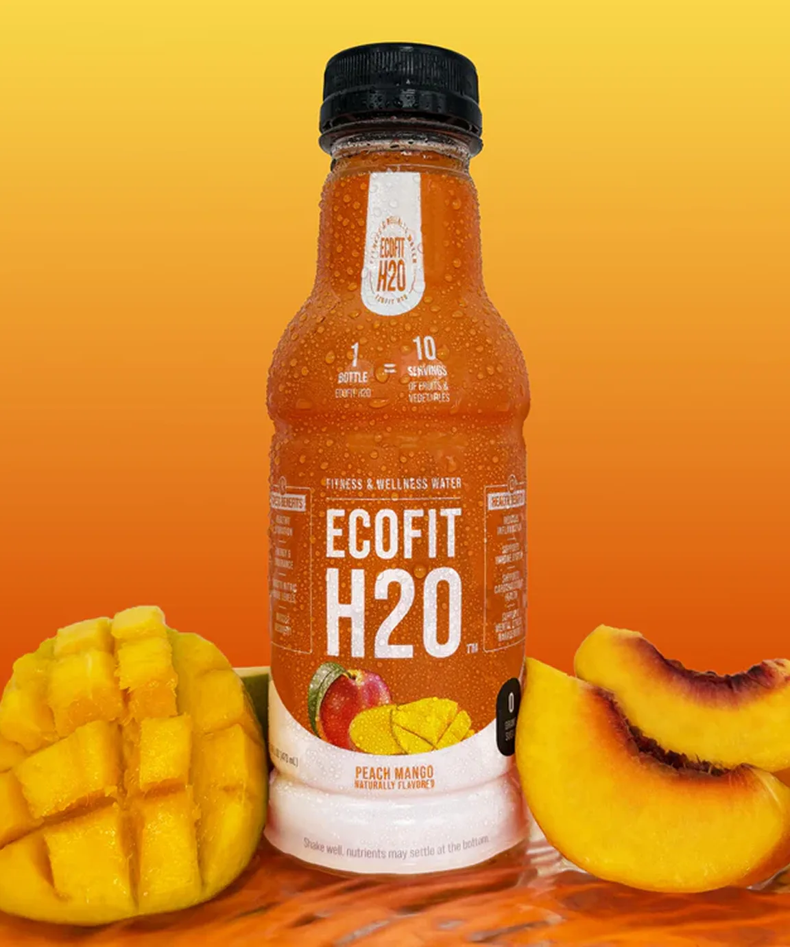Ecofit H2O peach mango drink with sliced mango and peach on orange background.