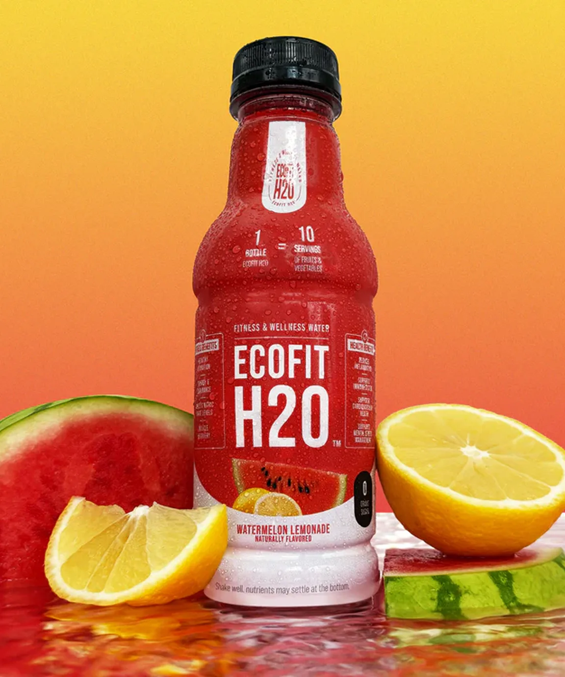 EcoFit H2O bottle with watermelon and lemon slices against gradient background.