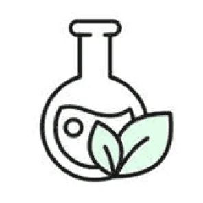An icon of a laboratory flask with liquid and two pale green leaves next to it.