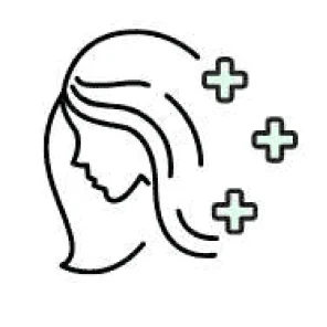 A line drawing icon of a person's profile with long hair and three plus signs.