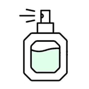 An icon of a perfume bottle with green liquid being sprayed.