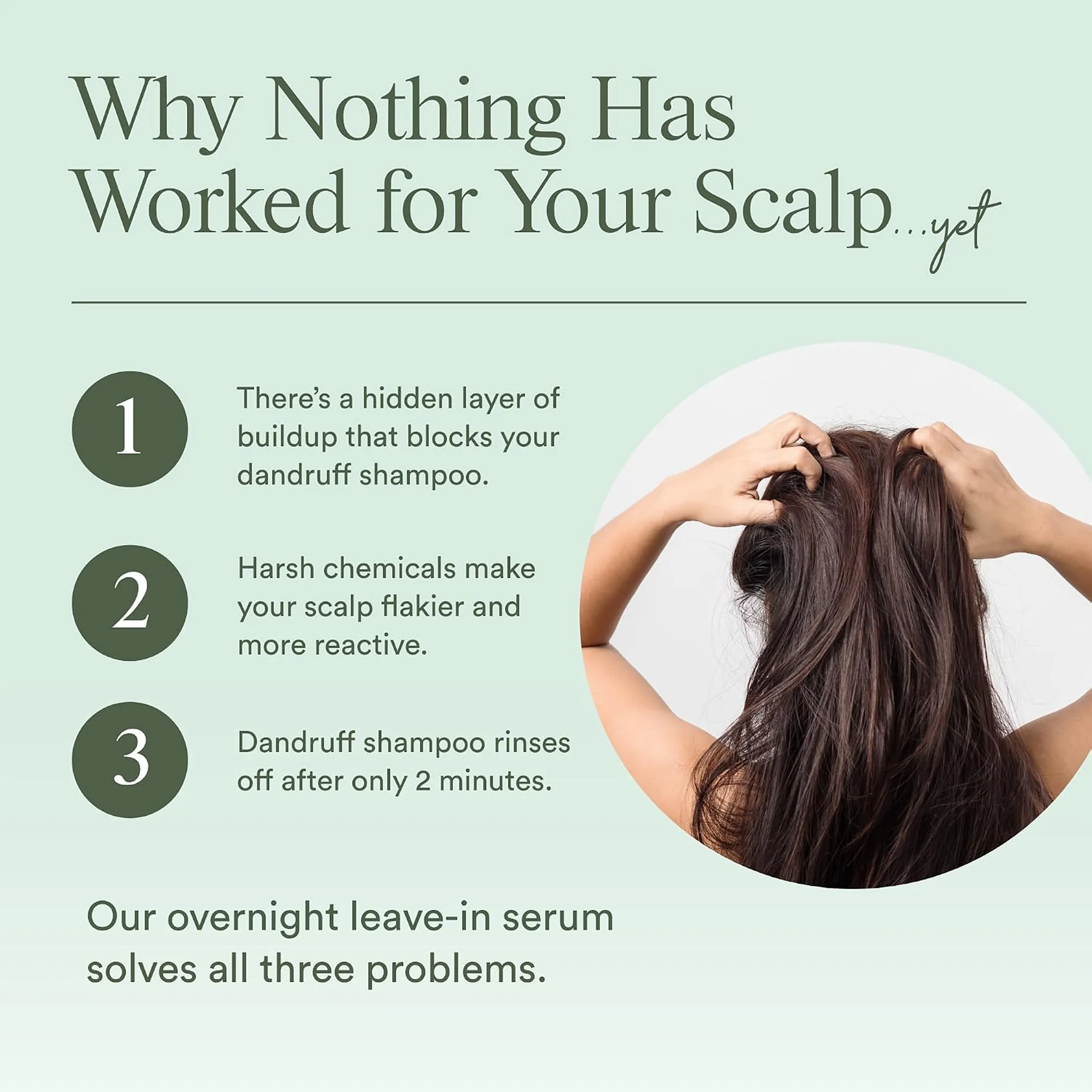 Infographic about scalp problems with an image of a woman massaging her scalp.