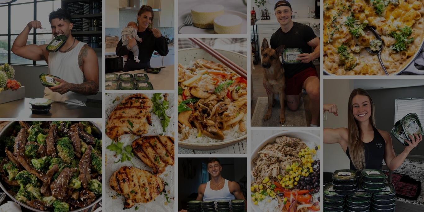 Collage of people with meals, fitness poses, and various dishes.