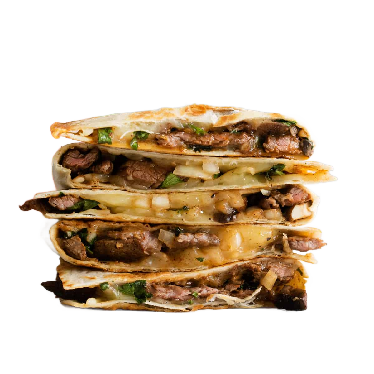 Stack of beef quesadillas with cheese and herbs on a white surface.