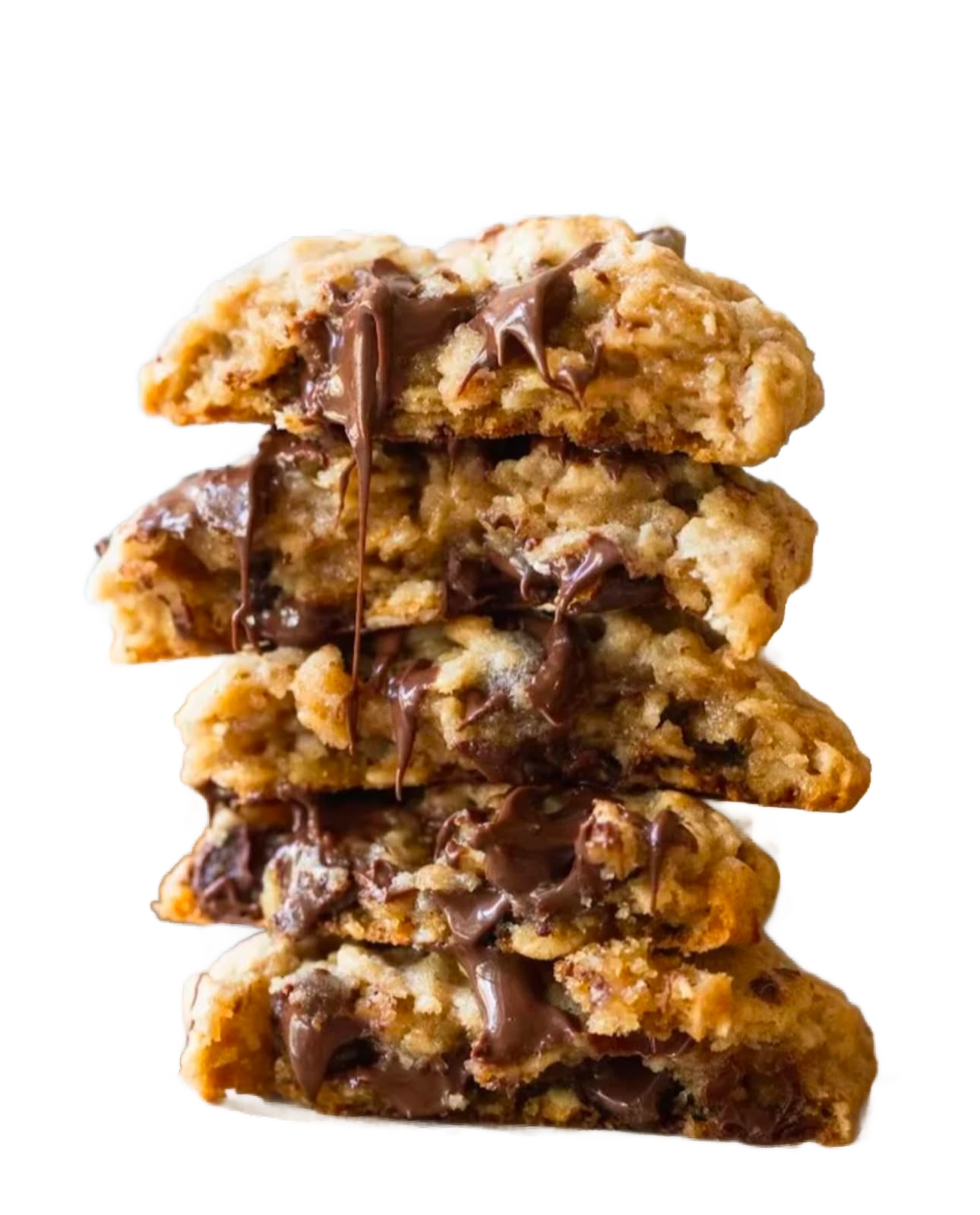 Stack of chocolate chip cookies with melted chocolate.