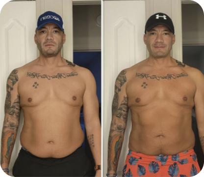 Two side-by-side images of a man with tattoos, wearing different hats and shorts.