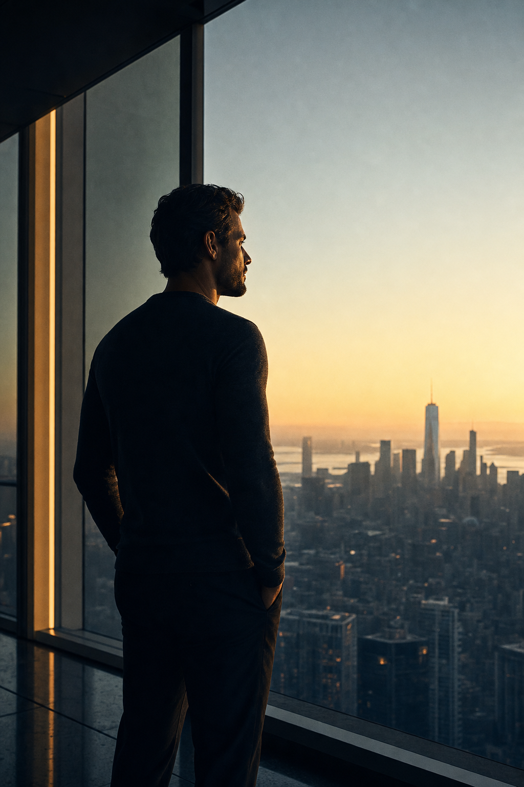 Modern executive at floor-to-ceiling window at dawn