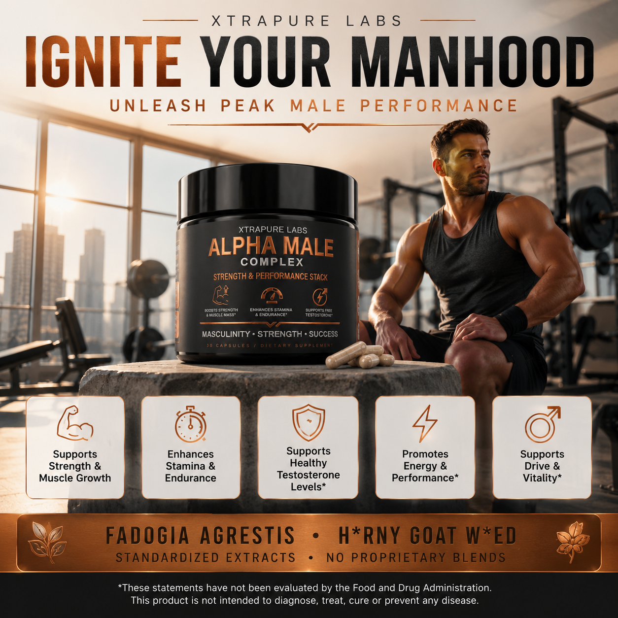 Alpha Male Complex | Clinically Dosed Strength & Drive Stack | Fadogia Agrestis (5% Alkaloids), Horny Goat Weed (20% Icariin)  - 30 Capsules - Image 2