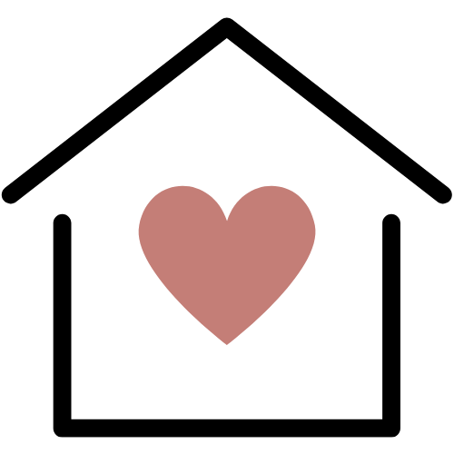 A simple black outline of a house with a large dusty rose heart in the center.