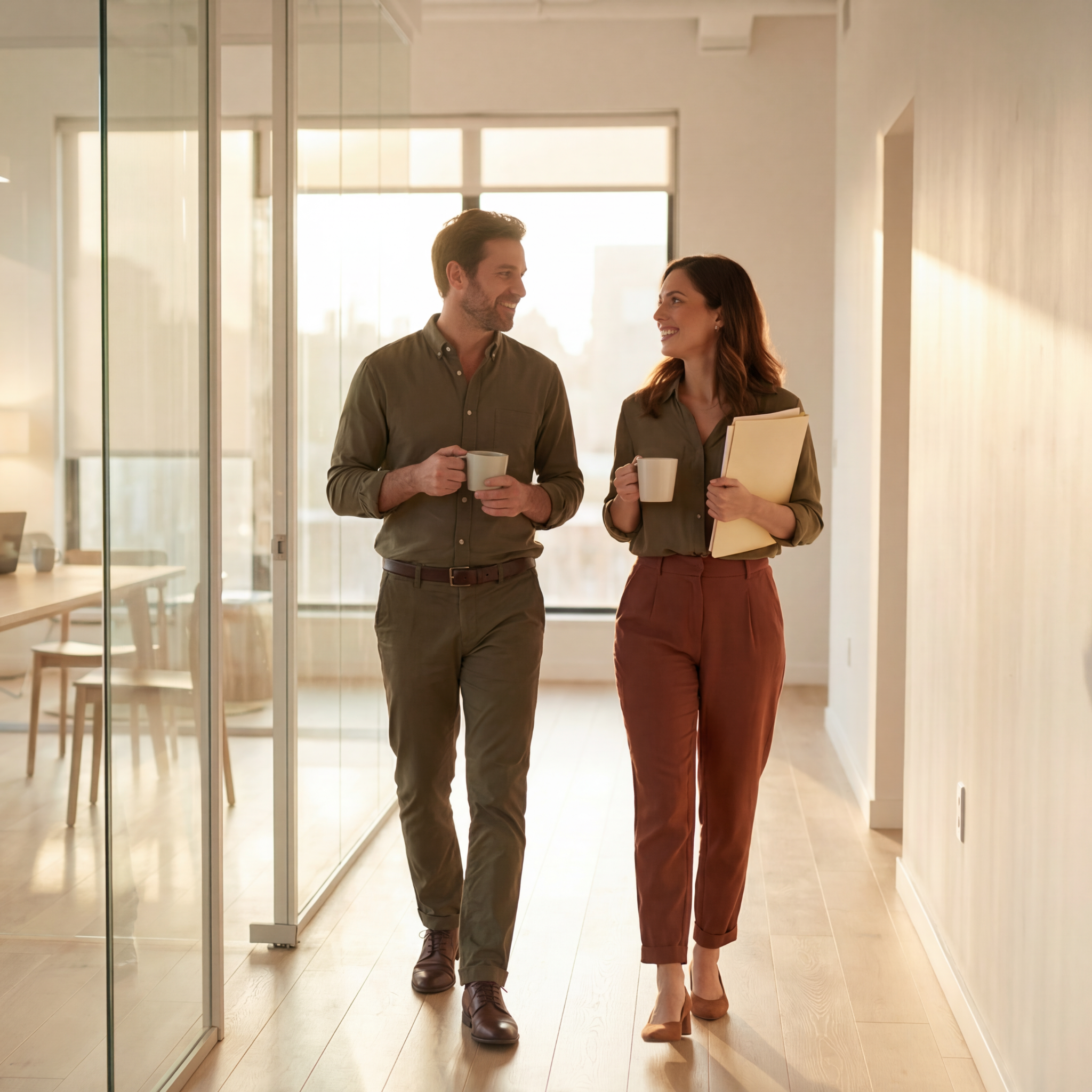 A man and a woman holding coffee mugs walk and talk in a sunlit office hallway.
