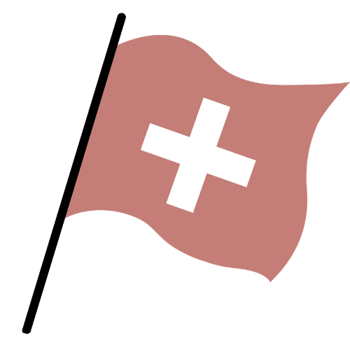 A pinkish-brown waving flag with a white cross on a black pole, on a white background.