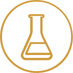 A gold-colored line icon of a chemical flask inside a circle.