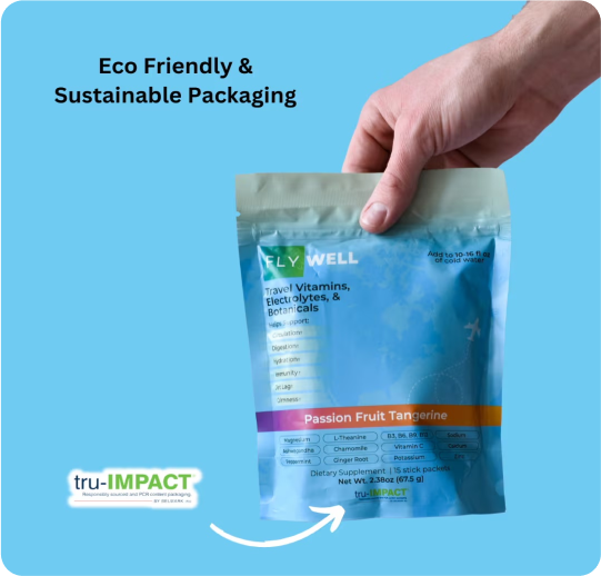 Hand holding a package of travel vitamins with eco-friendly packaging text.