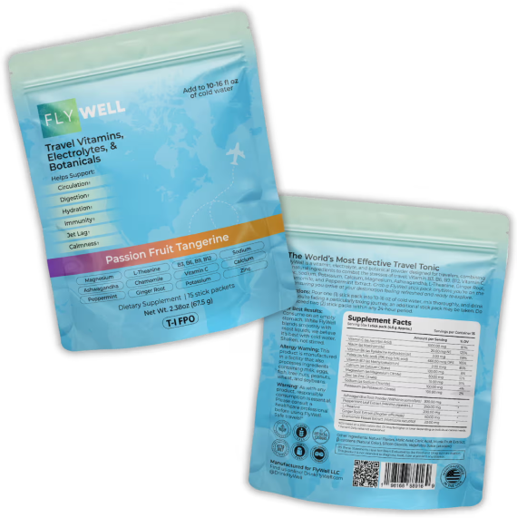 Two blue packets of travel vitamins with supplement facts and branding.