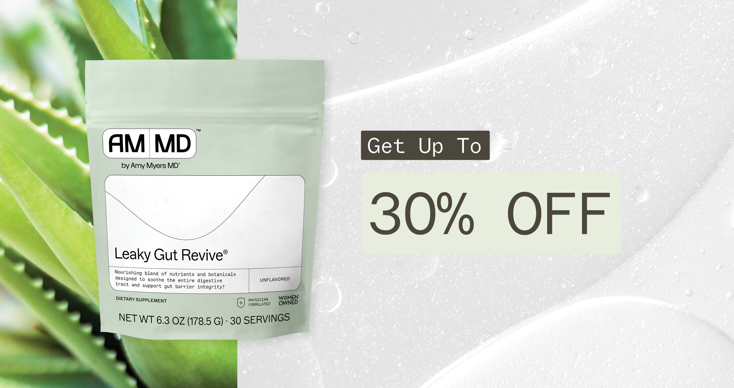 A pouch of Leaky Gut Revive supplement next to aloe vera with a 'Get Up To 30% OFF' promotion.