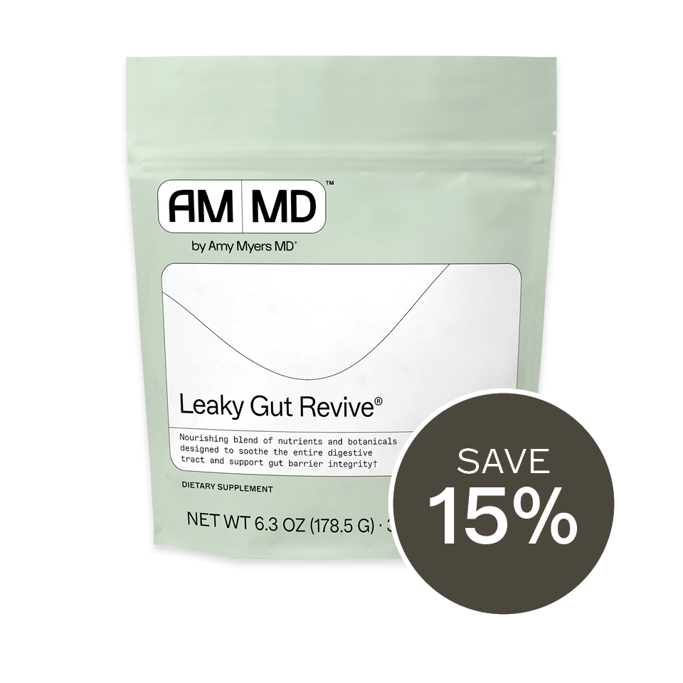 A light green pouch of Amy Myers MD Leaky Gut Revive dietary supplement with a 'Save 15%' sticker.