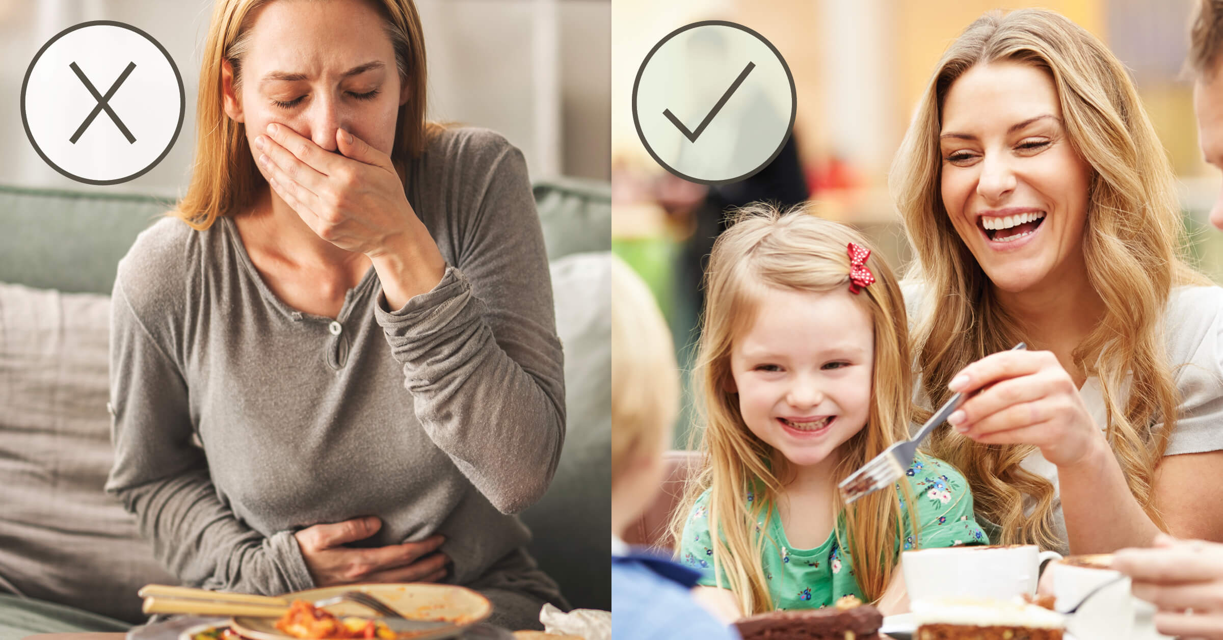 A split image showing a nauseous woman on the left and a happy woman and child eating on the right.