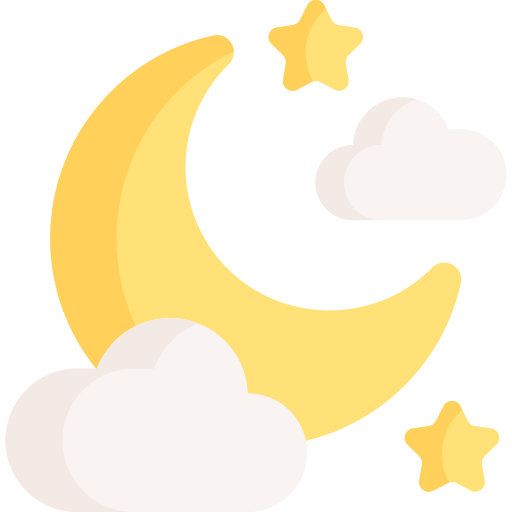 Illustration of a crescent moon with stars and clouds.