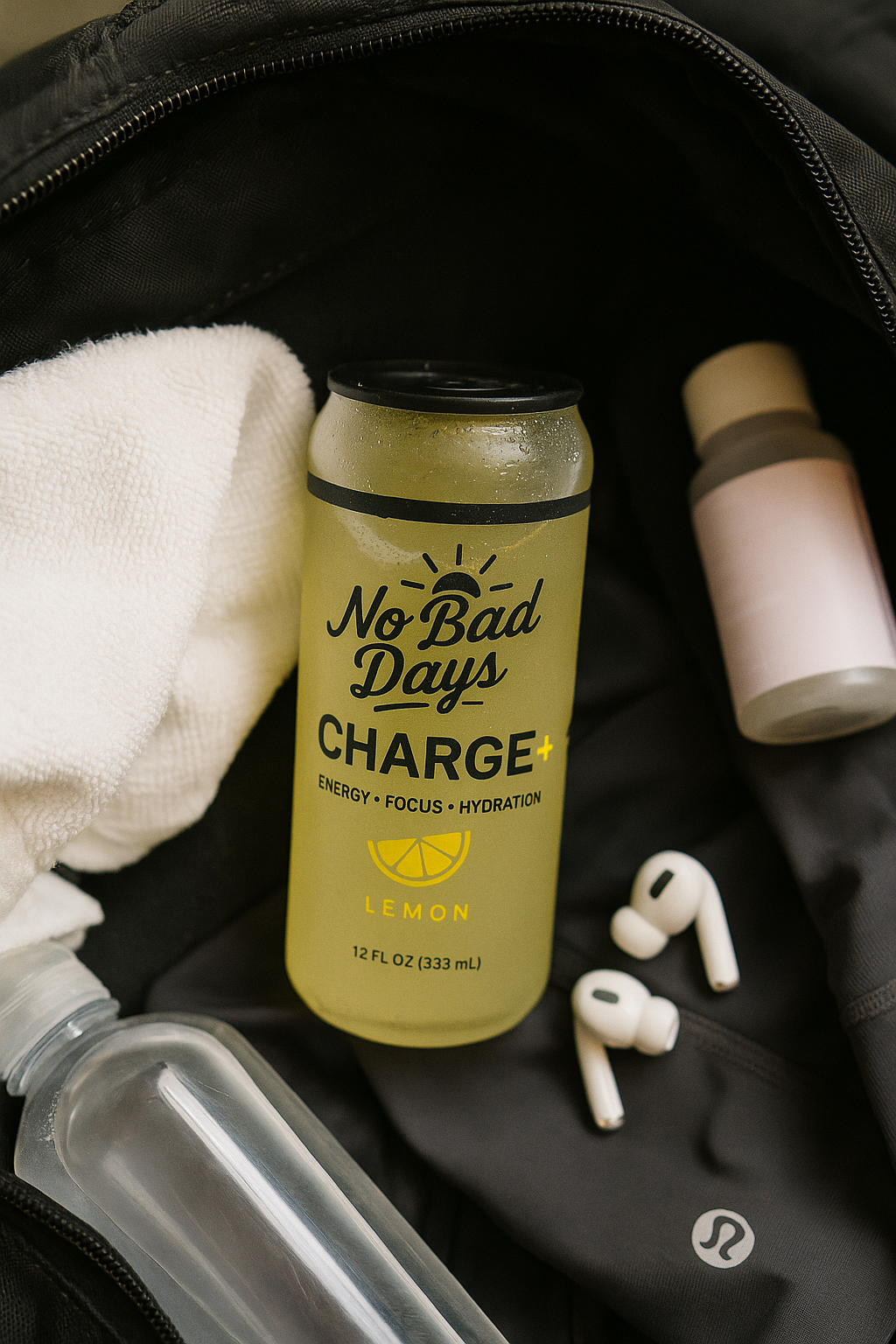 Lemon drink can, towel, earbuds, and bottles in a bag.