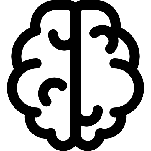Simple black and white brain icon with curved lines.