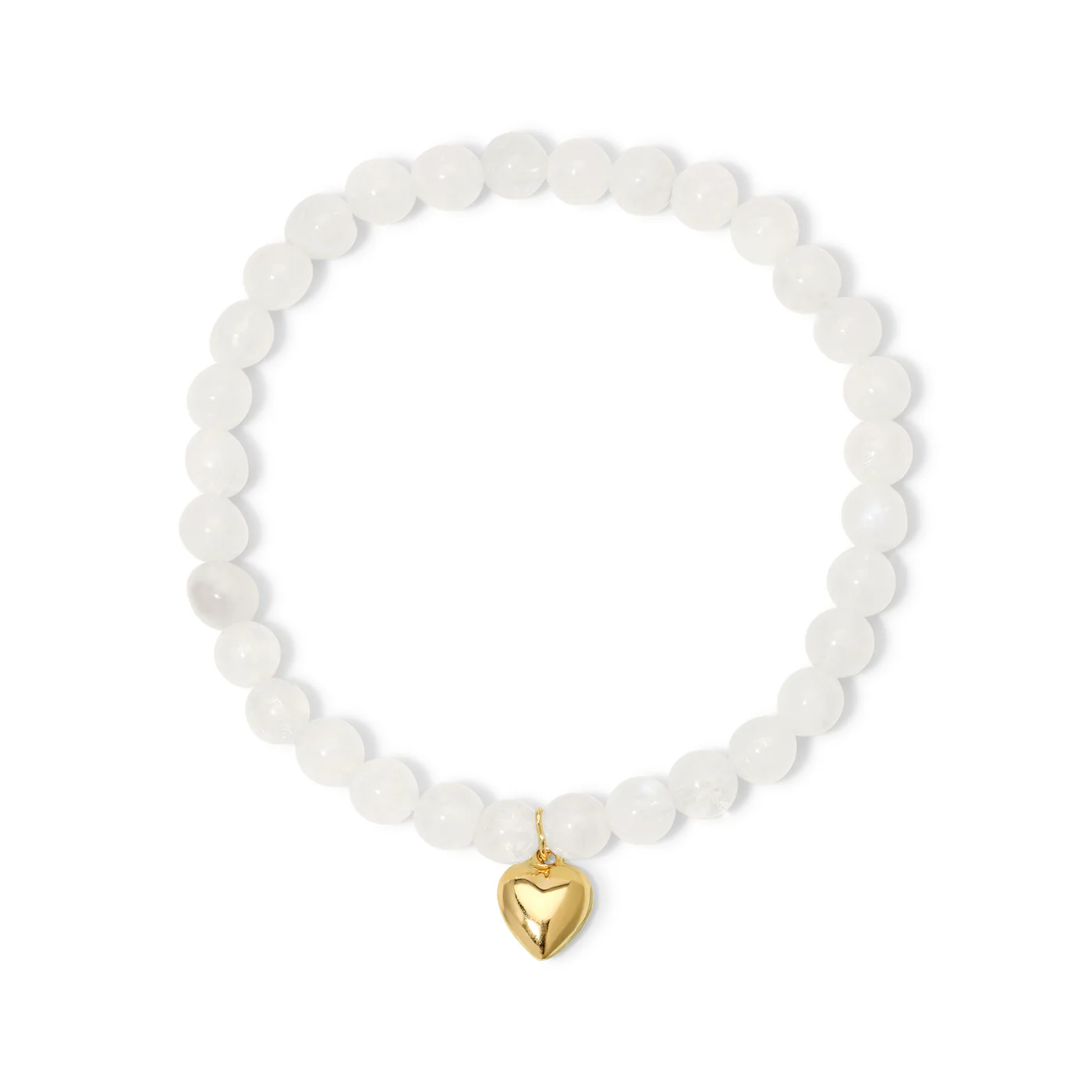 White bead bracelet with a gold heart charm.