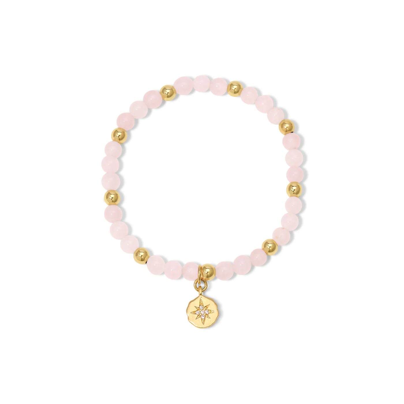 A beaded bracelet with pink and gold beads, featuring a star-shaped charm.