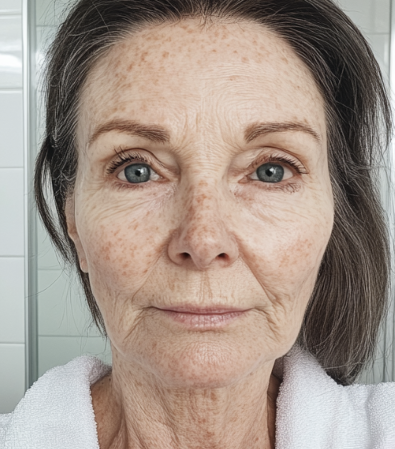 A woman with gray hair and freckles, wearing a white robe.