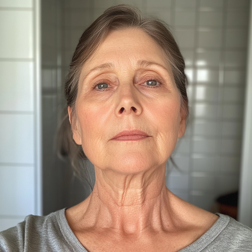 A person with a neutral expression against a tiled wall background.