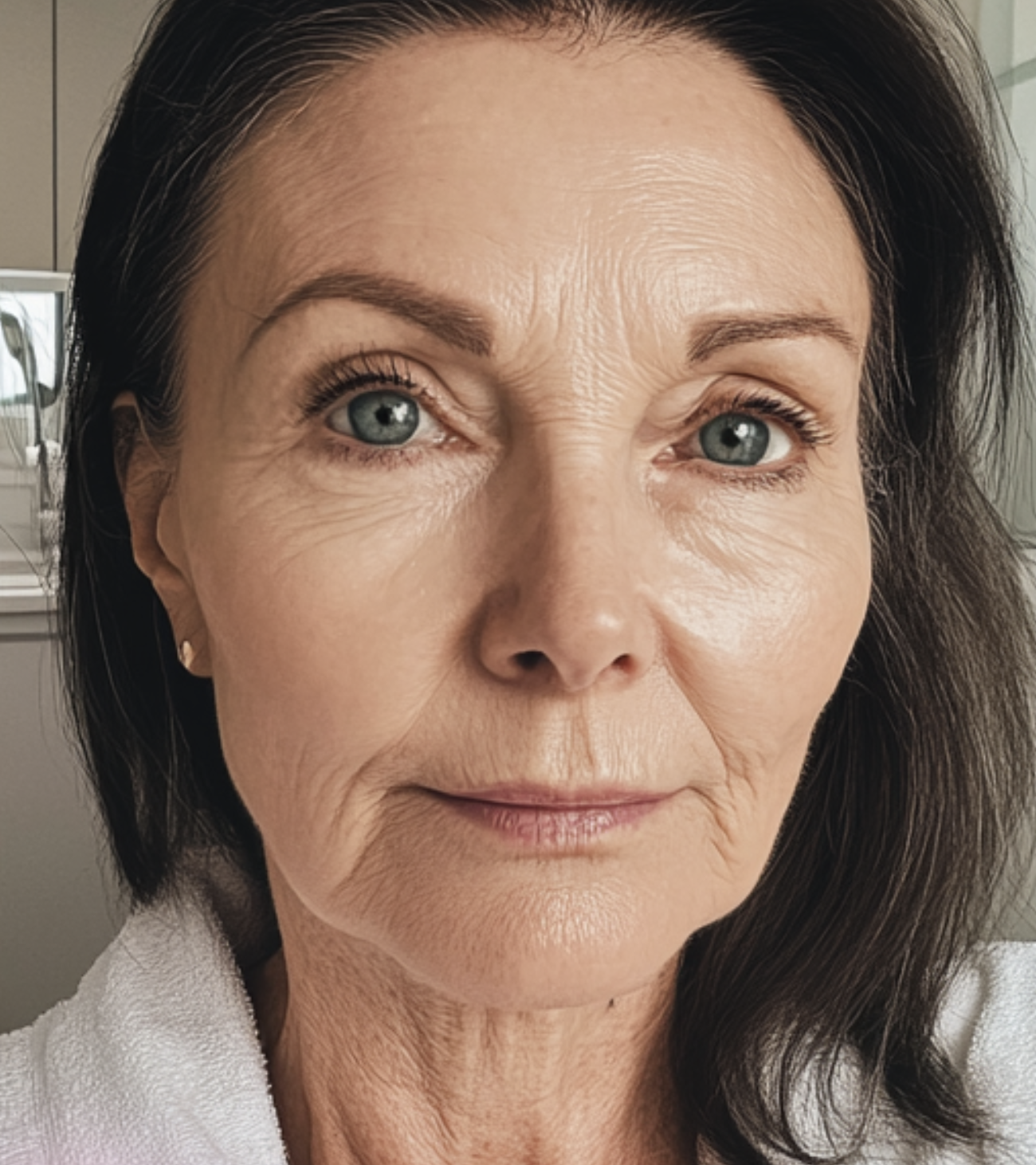 Portrait of an older woman with dark hair and blue eyes, wearing a white garment.