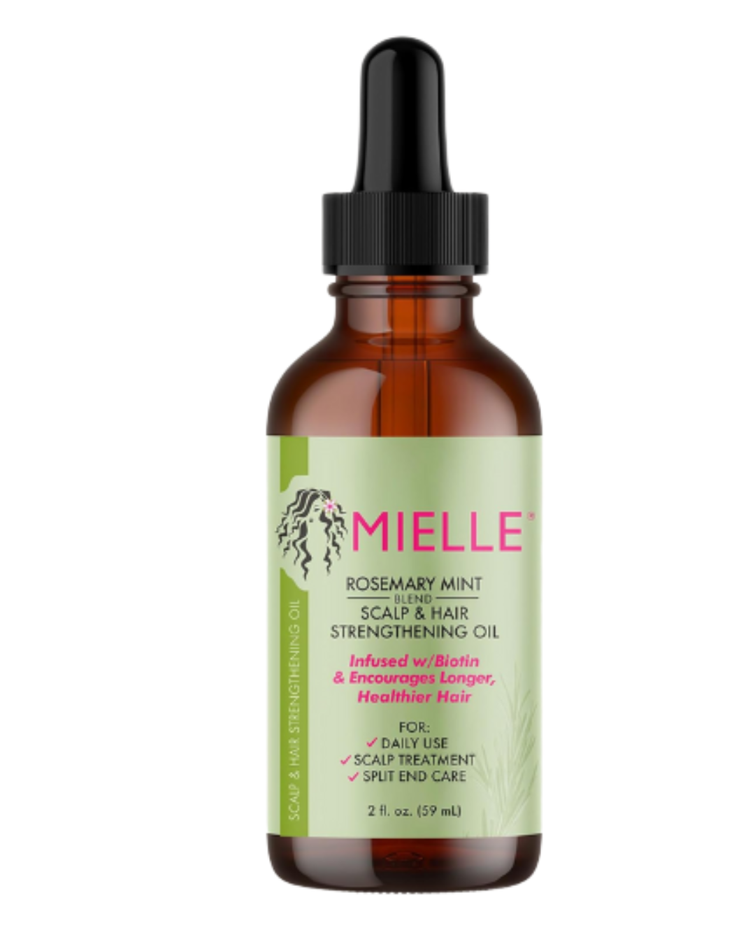 Brown bottle of Mielle rosemary mint scalp and hair strengthening oil with dropper.