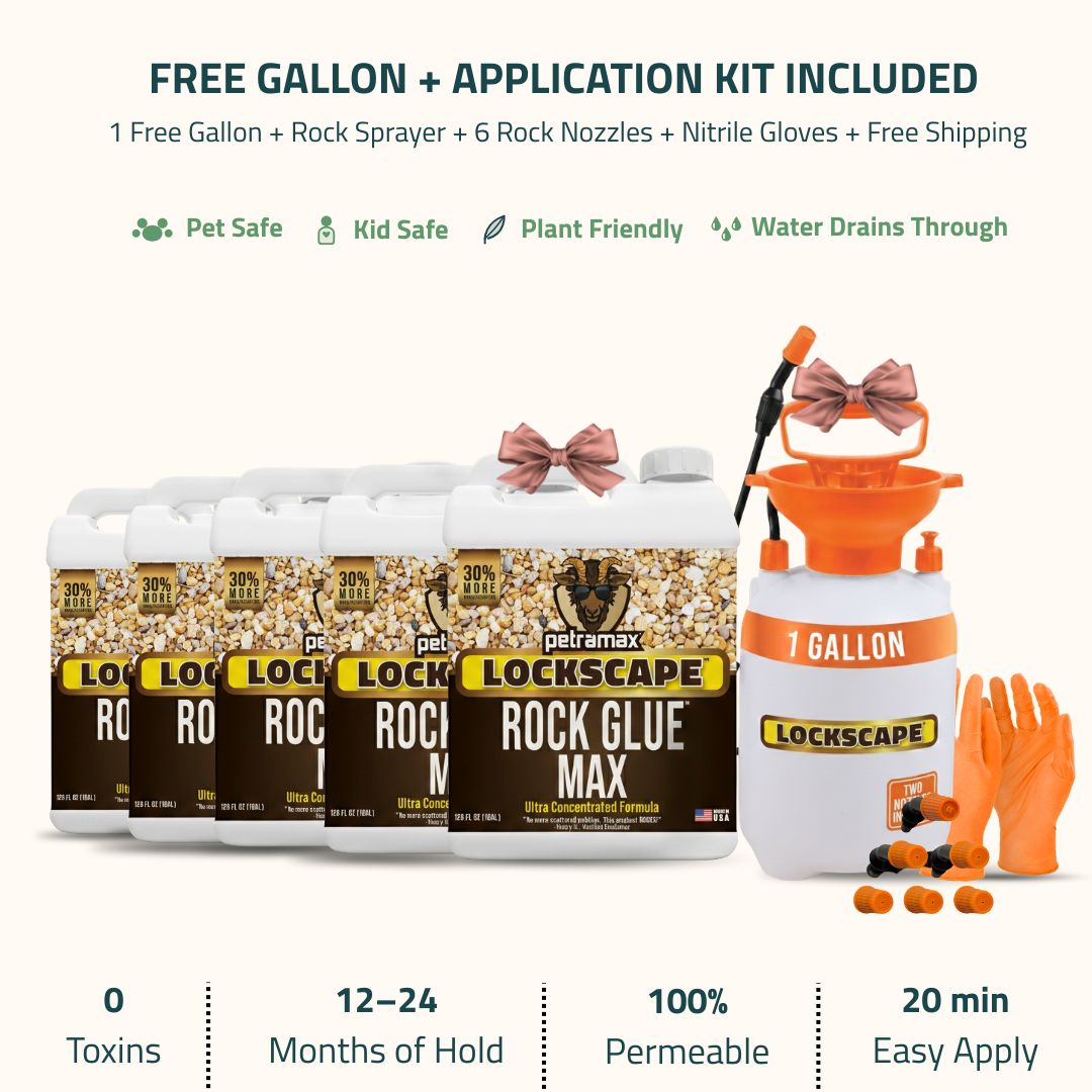 Lockscape Rock Glue Max jugs with an included free gallon sprayer, rock nozzles, and nitrile gloves.