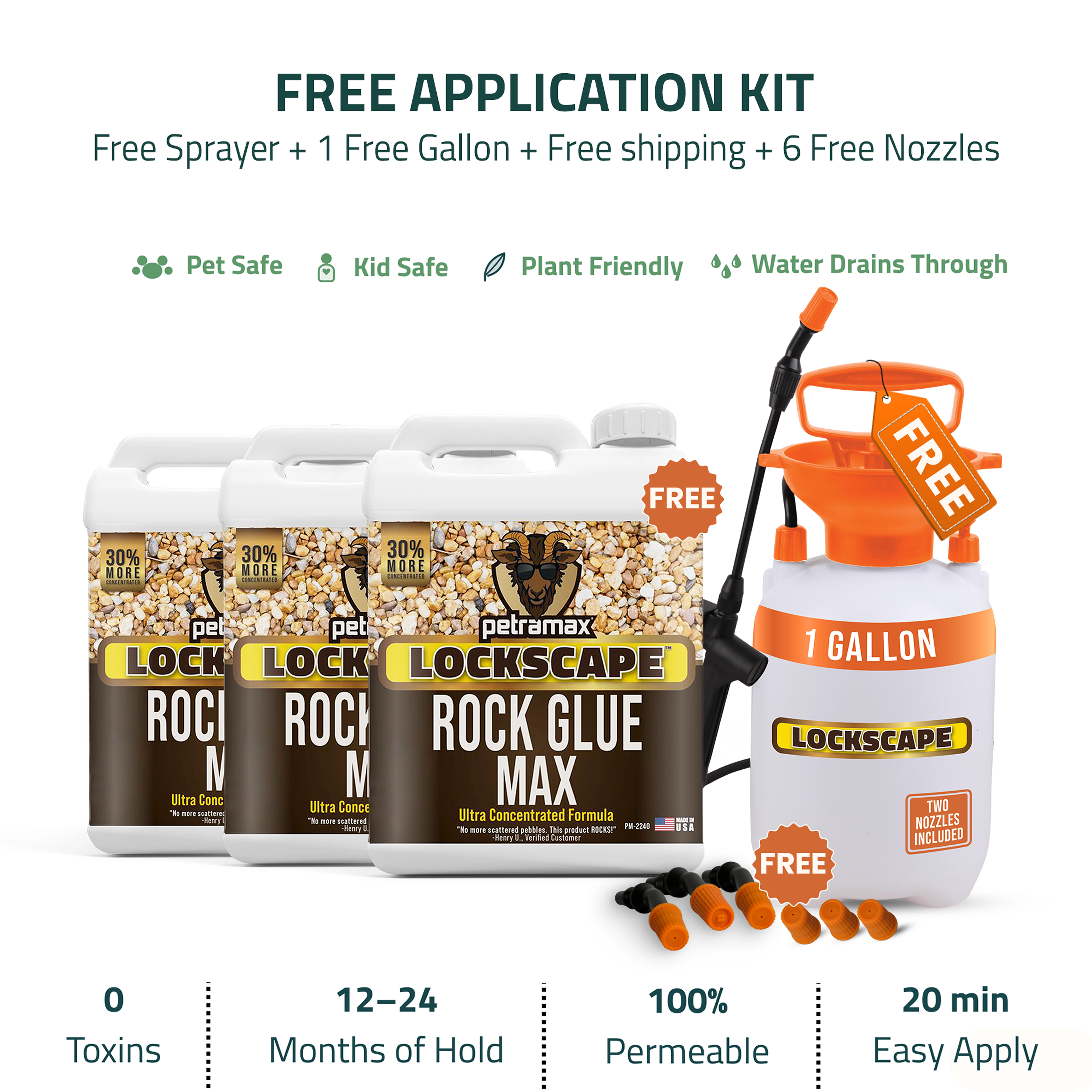 Lockscape Rock Glue Max application kit with three jugs, a free gallon sprayer, and six free nozzles.