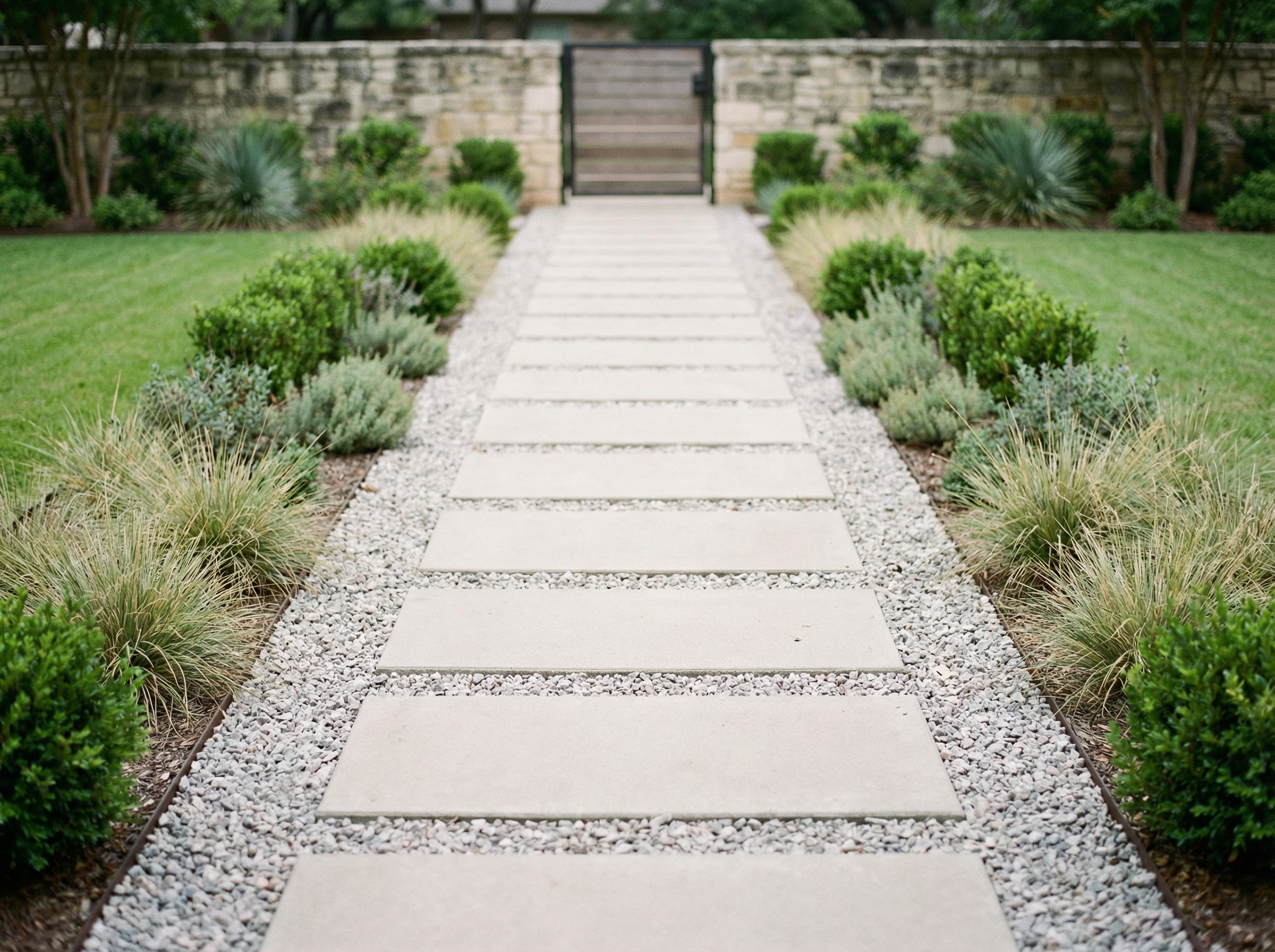 A modern stone paver pathway set in gravel leads through a manicured lawn to a distant gate.
