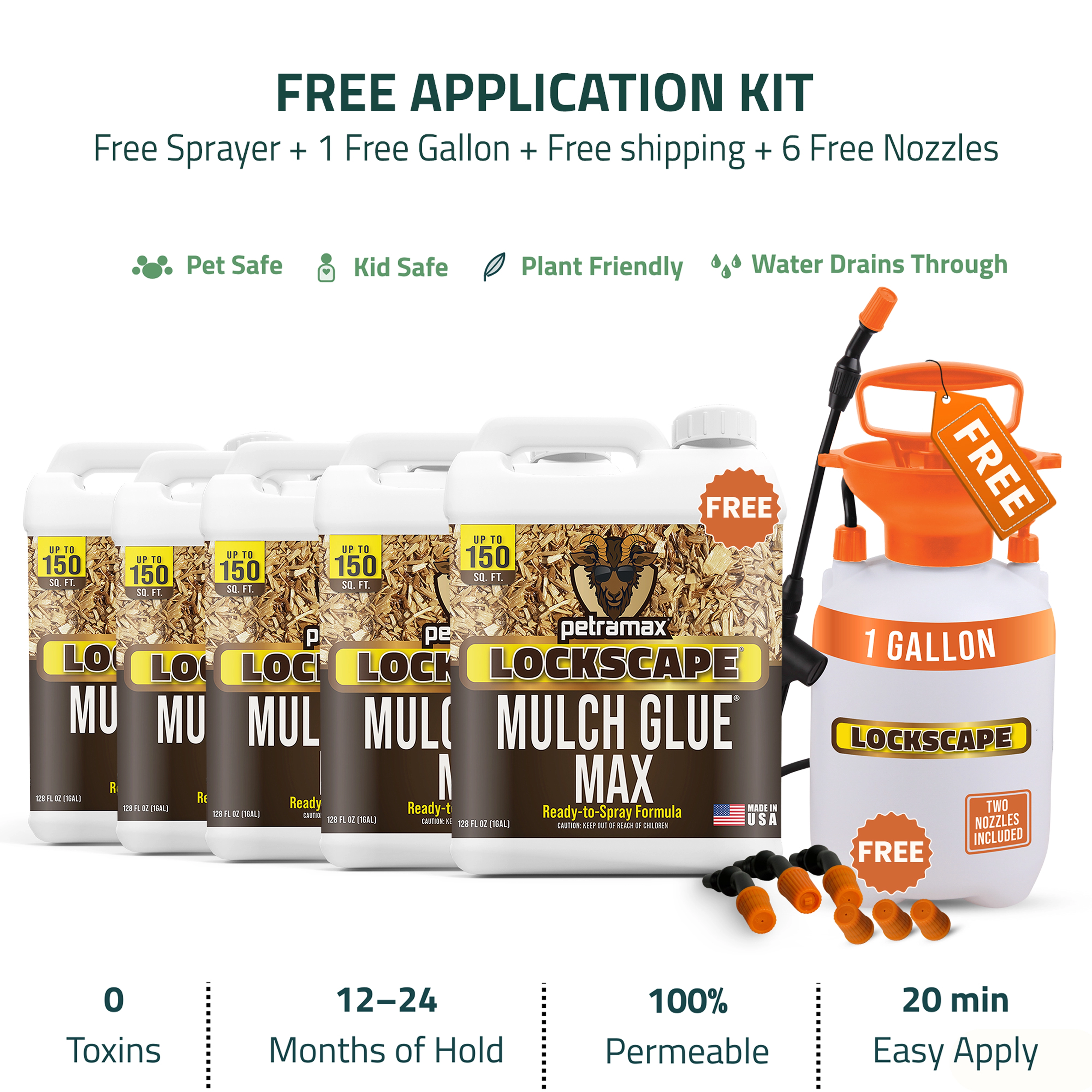 An advertisement for Lockscape Mulch Glue Max showing the product and a free application kit with a sprayer.