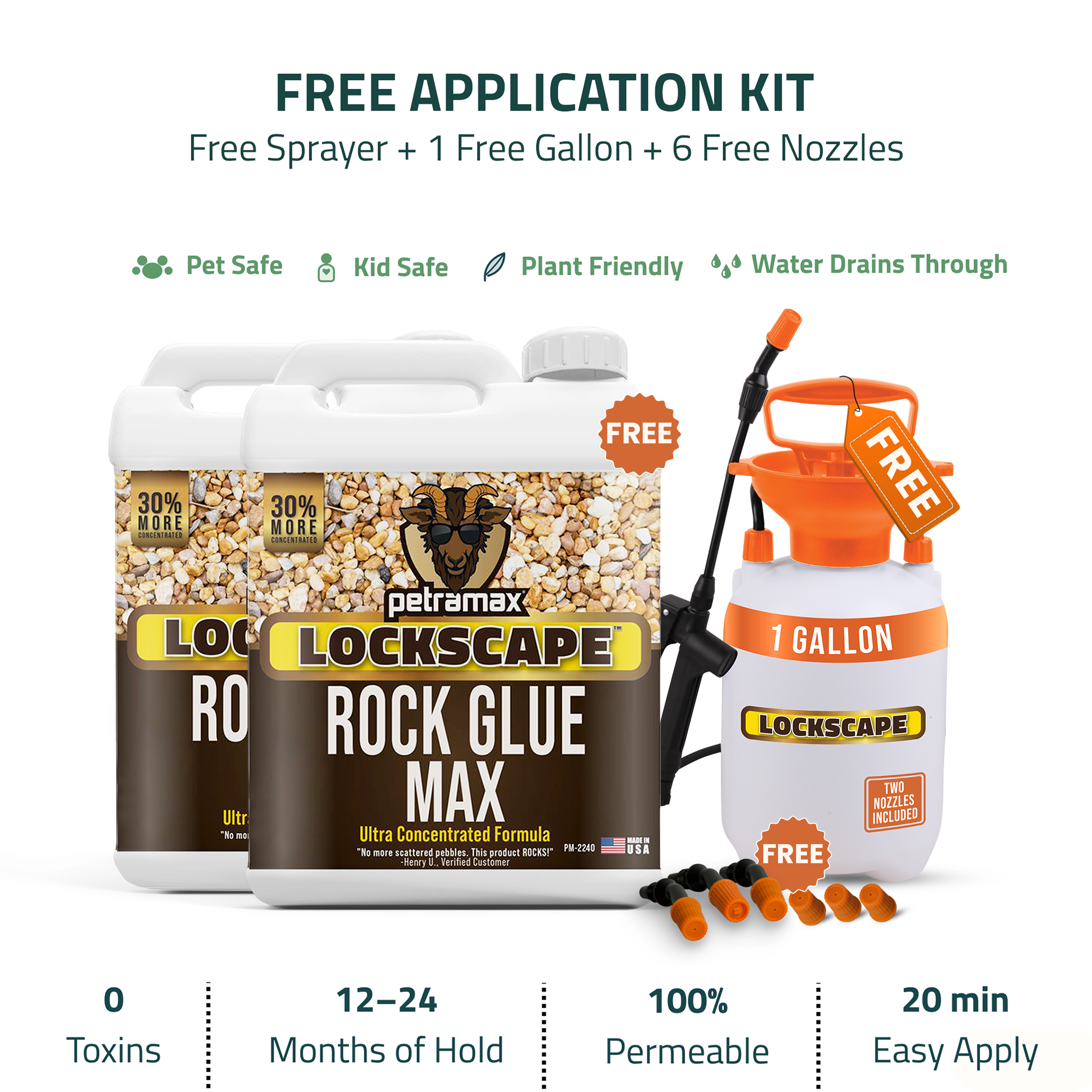 Promotional image for Lockscape Rock Glue Max application kit with glue jugs, a sprayer, and nozzles.