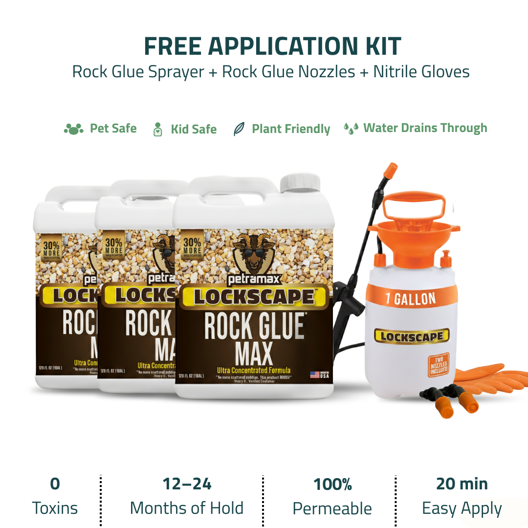 Lockscape Rock Glue Max kit with three jugs, a gallon sprayer, nozzles, and orange gloves.