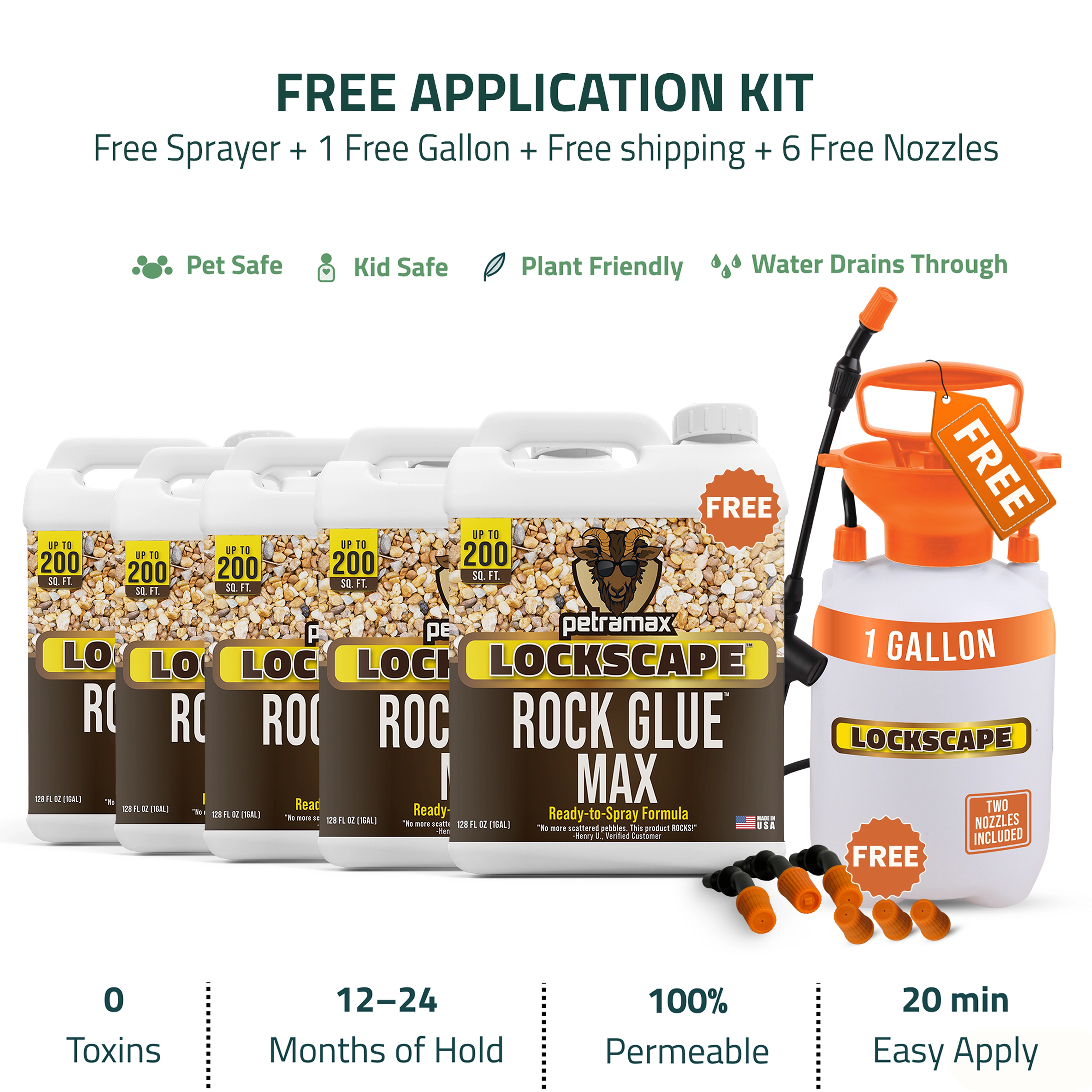 A promotional image for Lockscape Rock Glue Max, showing multiple jugs, a sprayer, and nozzles.